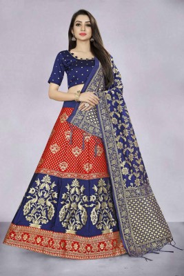 Divastri Embellished Semi Stitched Lehenga Choli(Dark Blue, Red, Gold)
