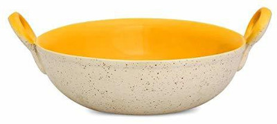 caffeine Ceramic Handmade Yellow Leaf Print Kadhai 16 cm diameter 0.6 L capacity(Ceramic)