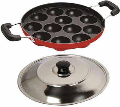 HardRoss Non-Stick 12 Cavity Appam Patra/MakeR Paniarakkal with Lid 1 L capacity 23 cm diameter(Aluminium, Non-stick)