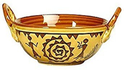 caffeine Ceramic Handmade Mustard Romani Kadhai 16 cm diameter 0.6 L capacity(Ceramic)