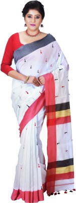 crochetin Embroidered Handloom Cotton Silk Saree(White)