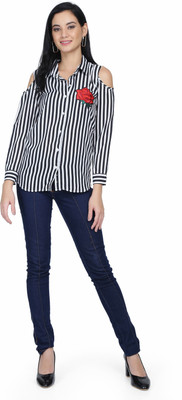 RAMAGIQ Women Striped Casual White, Black Shirt