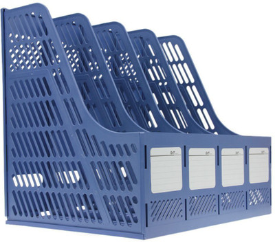 ATOOZED 4 Compartments Plastic Multi Function Plastic Storage Hanger 4 Section Divider File Paper Magazine Rack Holder Office Home Desktop Book Box Bookshelf(Blue)