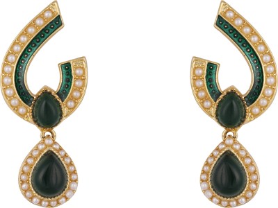 Naveli Gold Plated Dangling Earrings With Green Crystals Brass Drops & Danglers