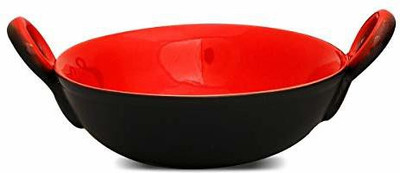 caffeine Ceramic Handmade Matte Black & Red Kadhai 16 cm diameter 0.6 L capacity(Ceramic)