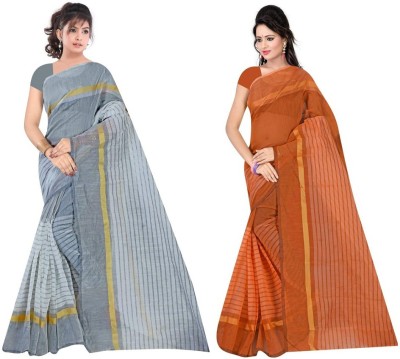 Kanooda Prints Striped Chanderi Cotton Blend Saree(Pack of 2, Multicolor)