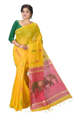 Mystory Woven Bollywood Handloom Cotton Silk Saree(Pink, Yellow)