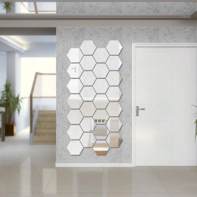 wall1ders 10.5 cm 28 Hexagon Silver 3D Acrylic Mirror Wall Sticker for Home & Office Self Adhesive Sticker(Pack of 28)