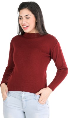 TAB91 Solid Round Neck Casual Women Maroon Sweater