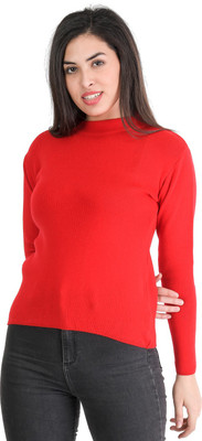 TAB91 Solid Round Neck Casual Women Red Sweater
