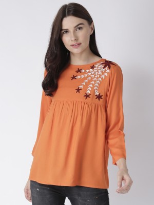 MsFQ Casual 3/4 Sleeve Embroidered Women Orange Top