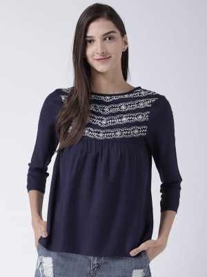 MsFQ Casual 3/4 Sleeve Solid Women Blue Top