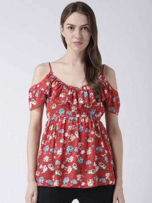 MsFQ Casual Cold Shoulder Floral Print Women Red Top