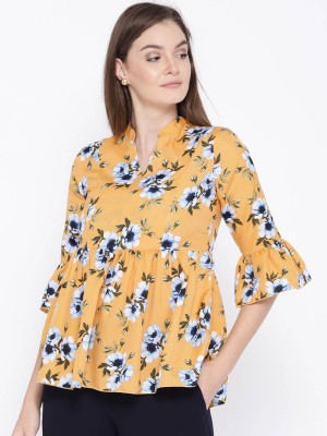 MsFQ Casual Bell Sleeve Floral Print Women Yellow Top