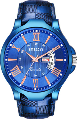 Embassy Casual Blue Dial Day And Date Designer Analog Watch - For Men