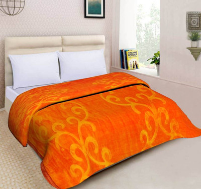 Oshano Floral Double Mink Blanket for  Mild Winter(Polyester, Orange)