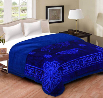 Oshano Floral Double Mink Blanket for  Heavy Winter(Polyester, Blue)