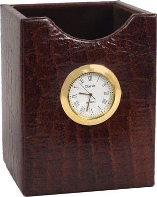 Stones Bridge 1 Compartments Leather Desktop pen holder with Watch(Brown)