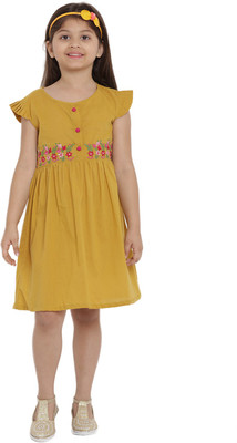Bitiya By Bhama Girls Midi/Knee Length Casual Dress(Yellow, Cap Sleeve)
