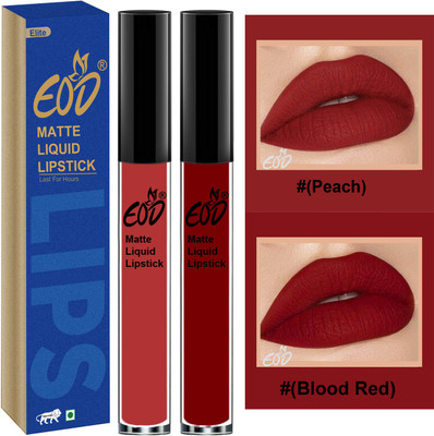 EOD Soft Matte Kiss Proof Vegan Made in India Liquid Lipstick Long Wearing Set of 2 Lip Gloss Set no 62(Peach, Blued Red, 6 ml)