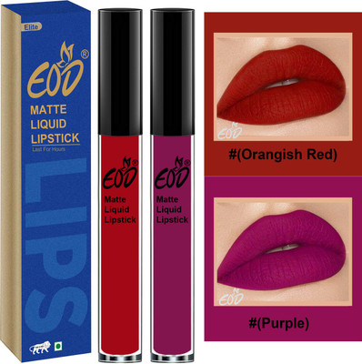 EOD Soft Matte Proof Vegan Liquid Lipstick Long Wearing Set of 2 Lip Gloss Set no 10(Orangish Red, Purple, 6 ml)