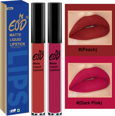 EOD Soft Matte Kiss Proof Vegan Made in India Liquid Lipstick Long Wearing Set of 2 Lip Gloss Set no 61(Peach, Dark Pink, 6 ml)