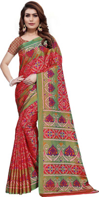 Ratnavati Floral Print Patola Silk Blend, Art Silk Saree(Red)