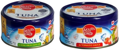 Golden Prize Tuna in Extra Virgin Olive Oil and Tuna in Tomato Sauce (2 x 185gms Each) Slices 370 g(Pack of 2)
