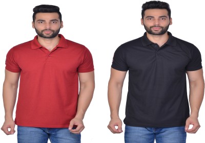 Cousin's Solid Men Polo Neck Maroon, Black T-Shirt