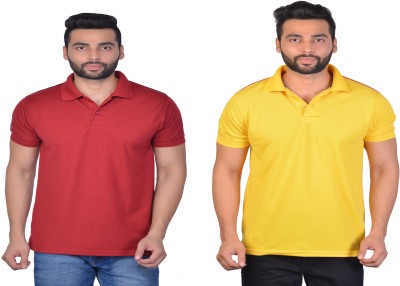 Cousin's Solid Men Polo Neck Maroon, Yellow T-Shirt