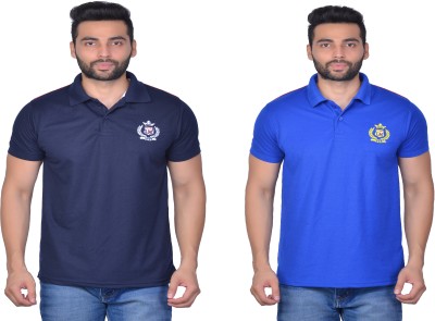 Cousin's Self Design, Solid Men Polo Neck Dark Blue, Blue T-Shirt