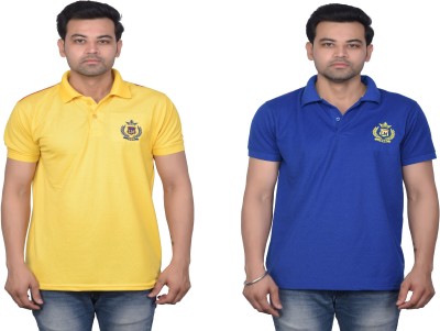 La Milano Self Design, Solid Men Polo Neck Blue, Yellow T-Shirt