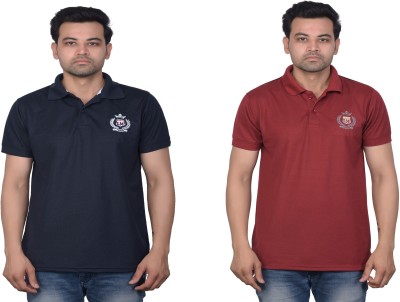 La Milano Solid Men Polo Neck Blue, Maroon T-Shirt