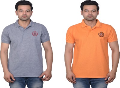 La Milano Self Design, Solid Men Polo Neck Orange, Grey T-Shirt