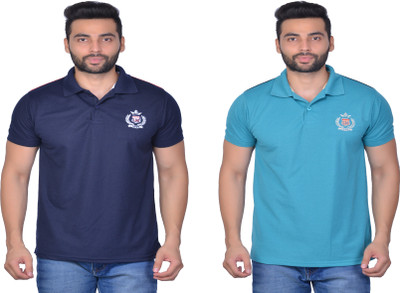 Cousin's Self Design, Solid Men Polo Neck Dark Blue, Light Blue T-Shirt