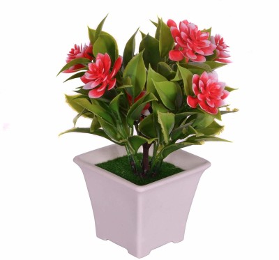 Yutiriti Artificial Red Flower Plant for Home and Office Decor Red Wild Flower Artificial Flower  with Pot(6.5 inch, Pack of 1, Flower Bunch with Vase)
