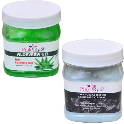 PINKROOT ALOEVERA GEL 500GM WITH CHARCOAL CREAM 500GM(2 Items in the set)