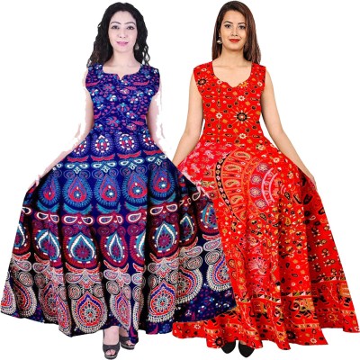 Madanam Women Maxi Red, Blue Dress