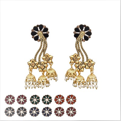 AMAAL Fancy Party Wear Stylish Moti Long Kundan 7 pairs Changeable Earrings Cubic Zirconia, Pearl Copper, Brass Earring Set, Chandbali Earring