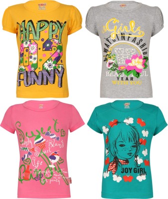 SINI MINI Girls Printed Cotton Blend T Shirt(Multicolor, Pack of 4)