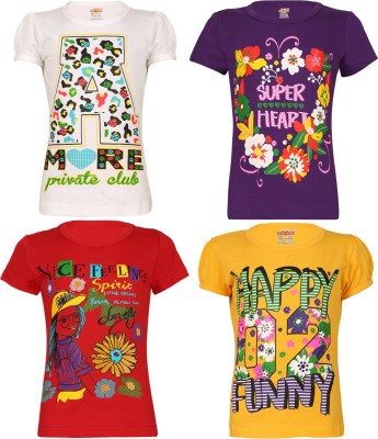 SINI MINI Girls Printed Cotton Blend T Shirt(Multicolor, Pack of 4)