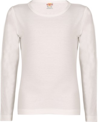 SINI MINI Girls Solid Cotton Blend T Shirt(White, Pack of 1)