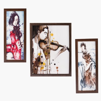 Indianara 3 PC SET OF MODERN ABSTRACT- PLAYING THE VIOLIN PAINTINGS WITHOUT GLASS 5.2 X 12.5, 9.5 X 12.5, 5.2 X 12.5 INCH Digital Reprint 13 inch x 10 inch Painting(With Frame, Pack of 3)