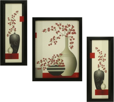 Indianara 3 PC SET OF FLORAL PAINTINGS WITHOUT GLASS 5.2 X 12.5, 9.5 X 12.5, 5.2 X 12.5 INCH Digital Reprint 13 inch x 10 inch Painting(With Frame, Pack of 3)