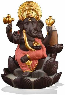 Craftam Lotus Ganesha Smoke Backflow Cone Incense Holder, Decorative Showpiece with 10 Free Smoke Backflow Scented Cone Incenses (G5-Orange) Decorative Showpiece  -  11 cm(Polyresin, Orange)