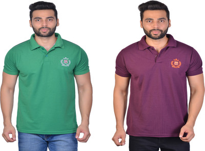 Cousin's Solid Men Polo Neck Purple, Green T-Shirt