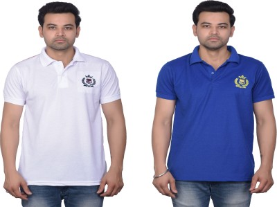 La Milano Self Design, Solid Men Polo Neck White, Blue T-Shirt