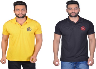 Cousin's Solid Men Polo Neck Black, Yellow T-Shirt