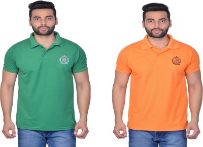 Cousin's Solid Men Polo Neck Green, Orange T-Shirt