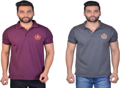 La Milano Self Design Men Polo Neck Purple, Grey T-Shirt